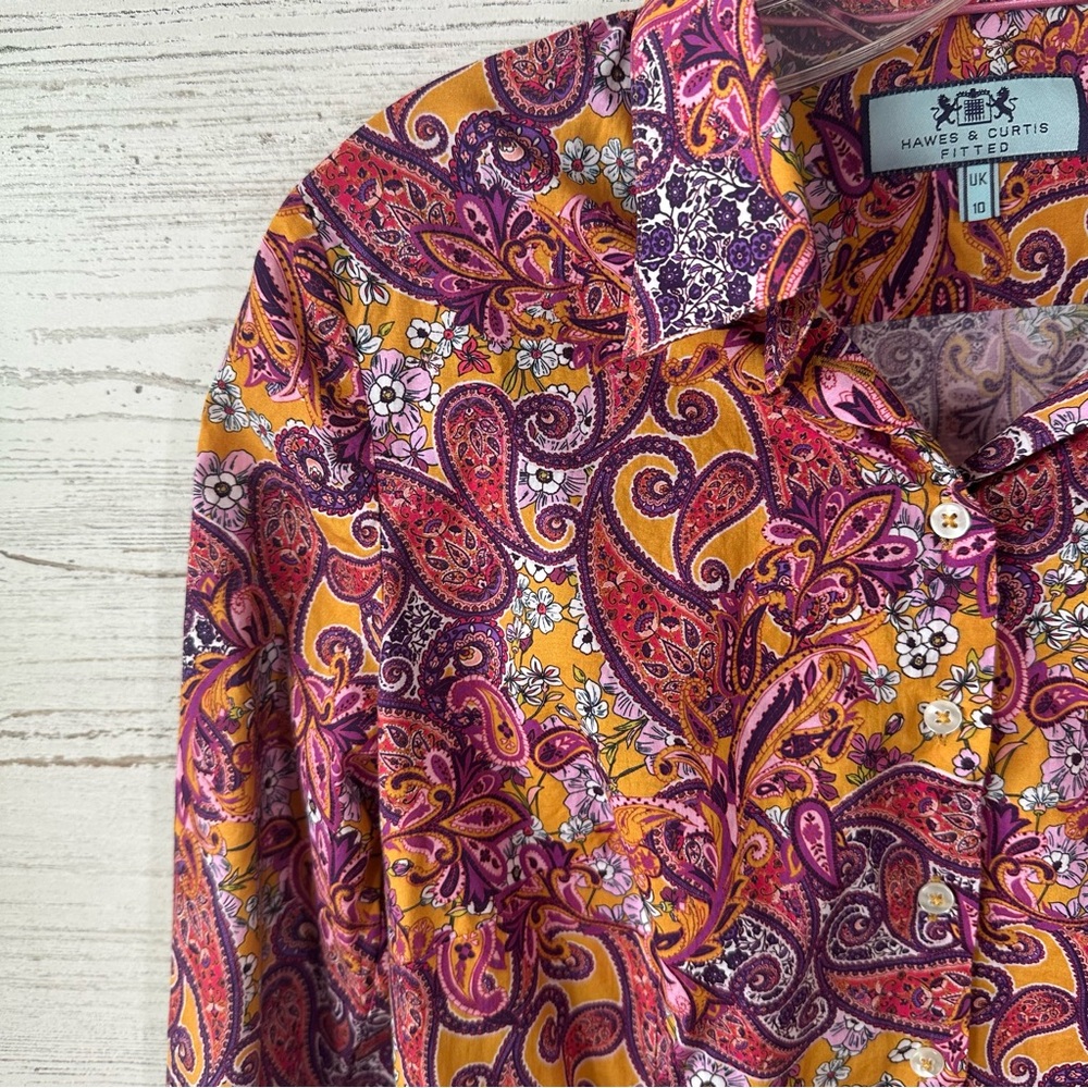 HAWES & CURTIS Mustard and Purple Floral Paisley Fitted Button Down Shirt UK 10 - Picture 7 of 11